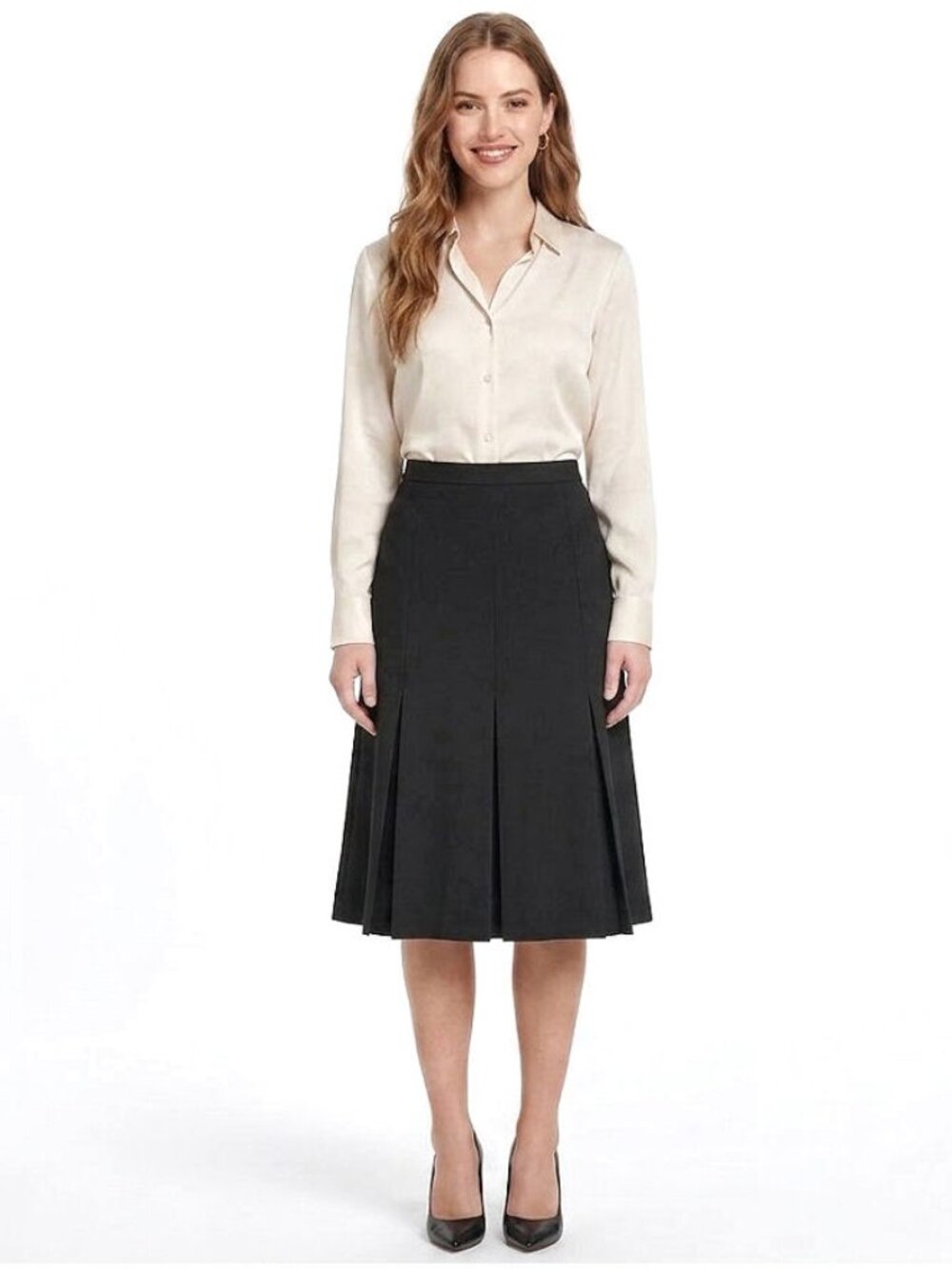 Classiques Entier Pleated A-Line Midi Skirt, Black Viscose Blend, Womens Size 14